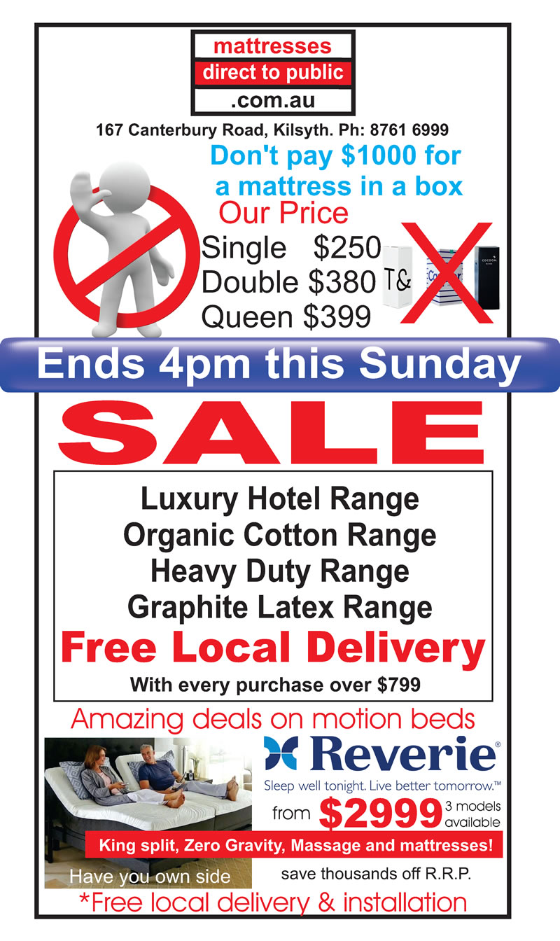 January Mattress Sale Now On! Don't pay $1000 on a Mattress in a Box. Amazing Deals on Motion Beds. Mattress Sale Ends 4pm Sunday - Free Local Delivery for orders over $799 - Luxury Hotel, Organic Cotton, Heavy Duty, Graphite Latex Mattress Ranges on Sale. Free Local Delivery and Installation on Motion Beds.