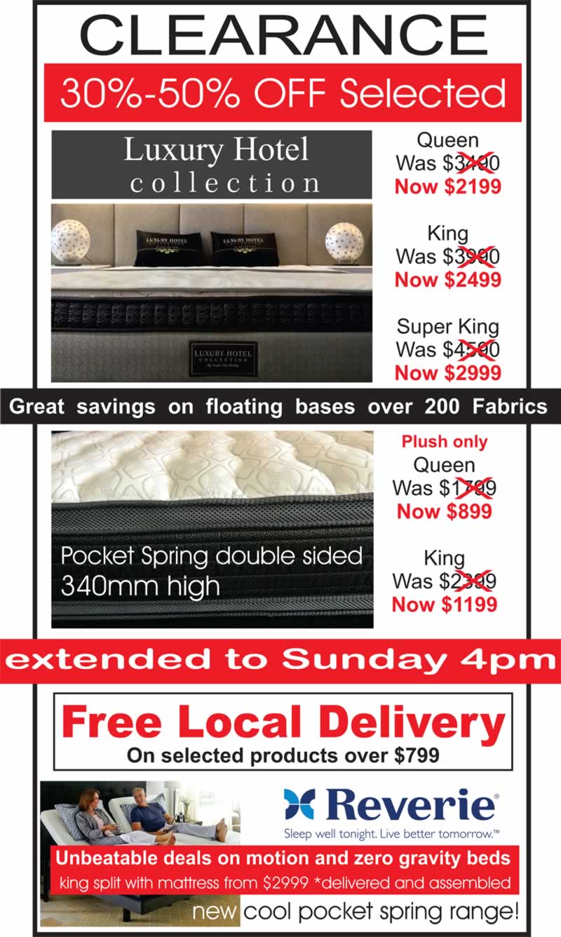 Mattress and Motion Bed CLEARANCE SALE - 30% to 50% off Luxury Hotel Mattresses plus save thousands on Motion Beds. New Cool Pocket Spring Mattress Range. Mattress and Motion Bed CLEARANCE SALE - 30% to 50% off Luxury Hotel Mattress Range plus save thousands on Motion Beds. Free Local Delivery for orders over $799.