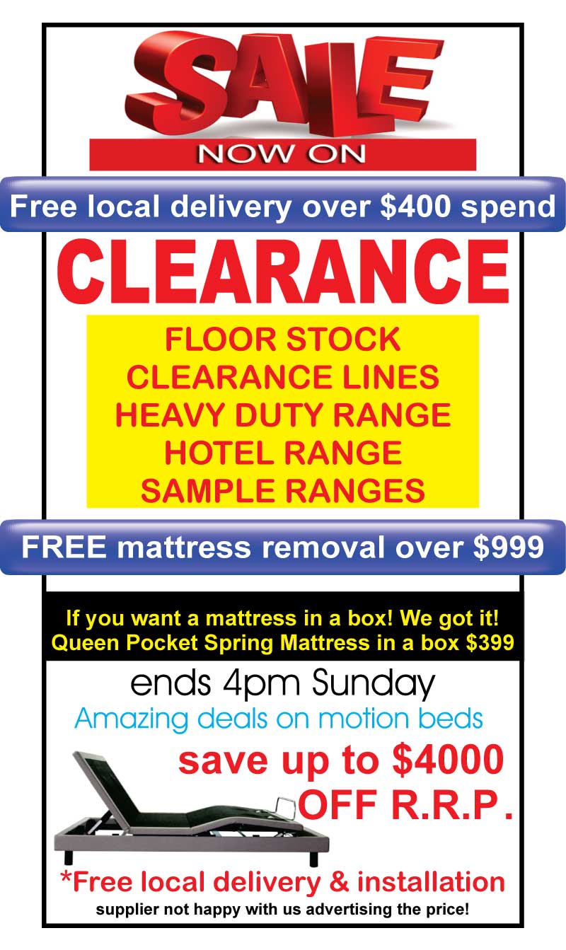 Mattress Clearance Sale - Huge Discounts off Floor Stock, Luxury Hotel, Heavy Duty, Sample and Clearance Mattresses. Amazing Deals on Motion Beds. Huge Discounts off Luxury Hotel, Heavy Duty & Clearance Mattresses plus Floor Stock and Samples, Better than retailers 50% off sales. Free Local Delivery.