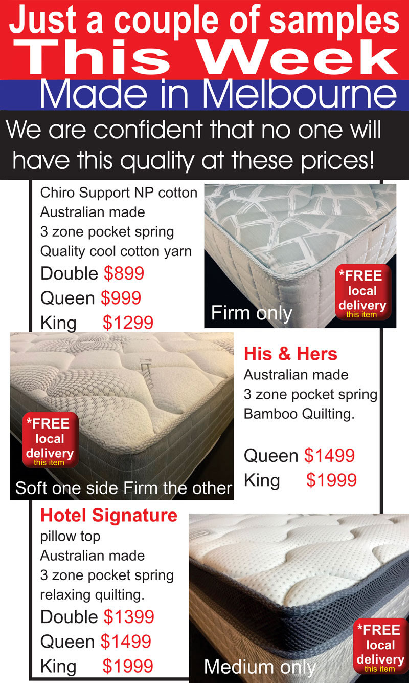 Post Easter Sample Mattress Sale - Great deals on sample mattresses - Hotel Signature, His & Hers and Chiro Support. Free Delivery Post Easter Sample Mattress Sale - Great deals on sample mattresses - Hotel Signature, His & Hers and Chiro Support. Free Delivery