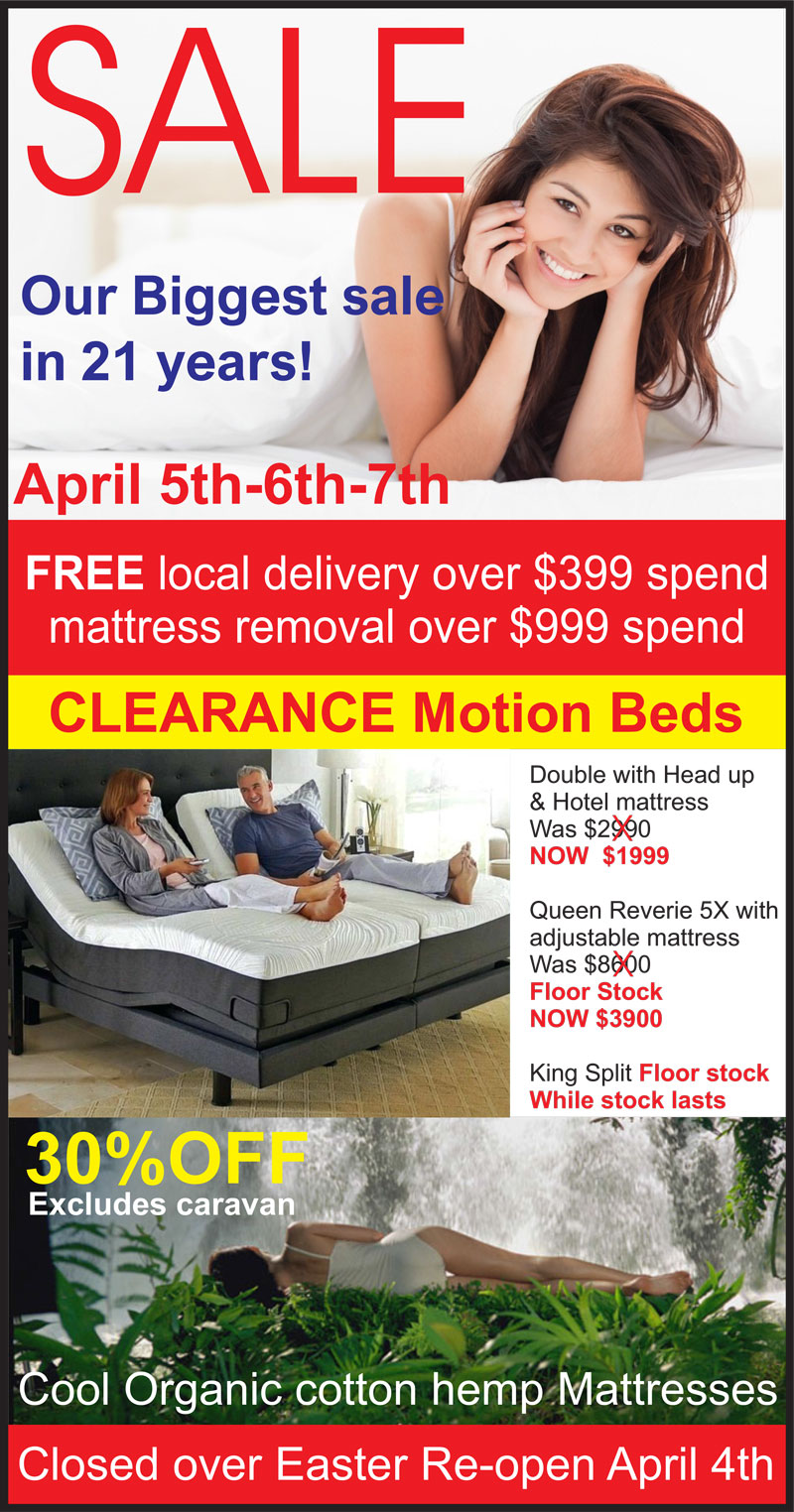 Mattresses Direct To Public Post Easter Mattress Sale - Huge Savings on Australian Made Mattresses including Organic Cotton & Hemp Mattresses. Plus Great Prices Clearance Motion Beds.