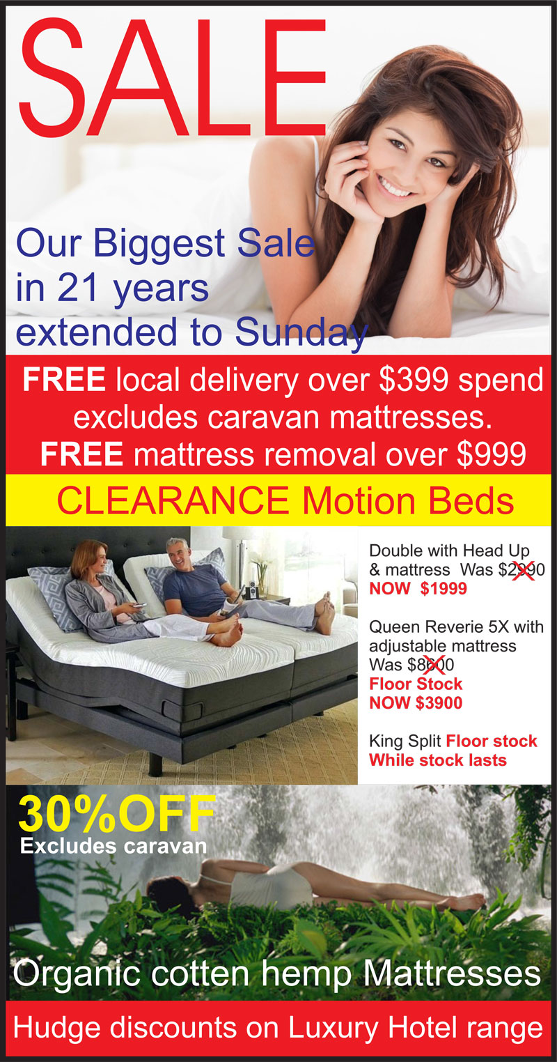Mattresses Direct To Public April Mattress Sale - Huge Savings on Australian Made Mattresses including Organic Cotton & Hemp Mattresses. Plus Great Prices on Clearance Motion Beds.