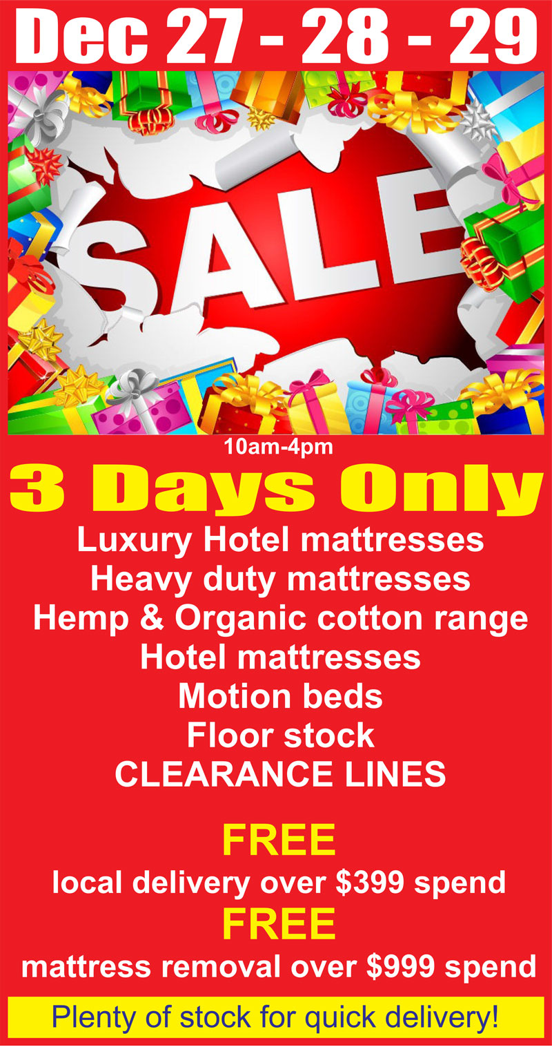Post Christmas mattress sale at Melbourne showroom – luxury hotel, heavy duty, hemp and organic cotton mattresses available