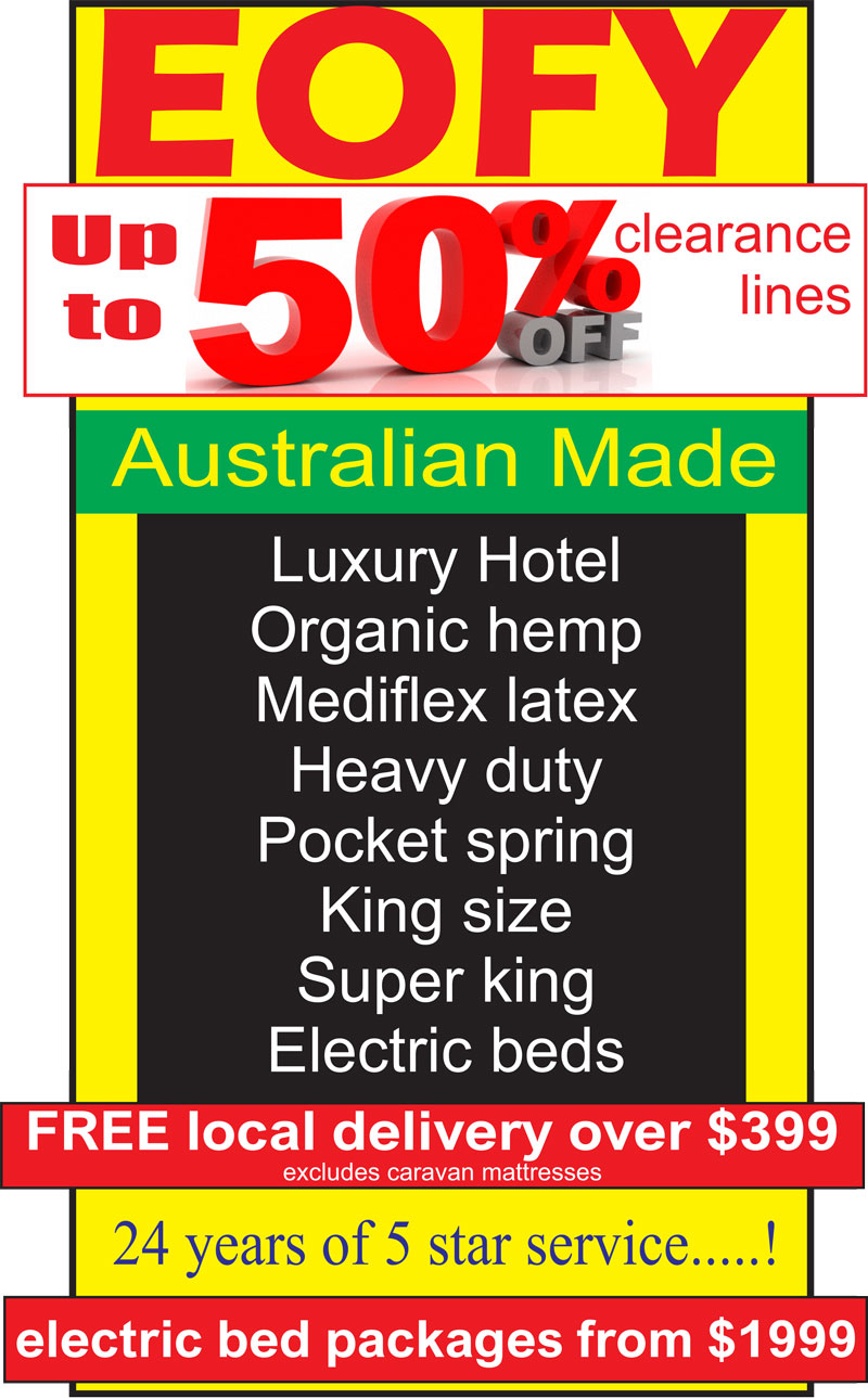 EOFY mattress sale featuring luxury hotel, organic hemp, latex, heavy duty and electric bed packages