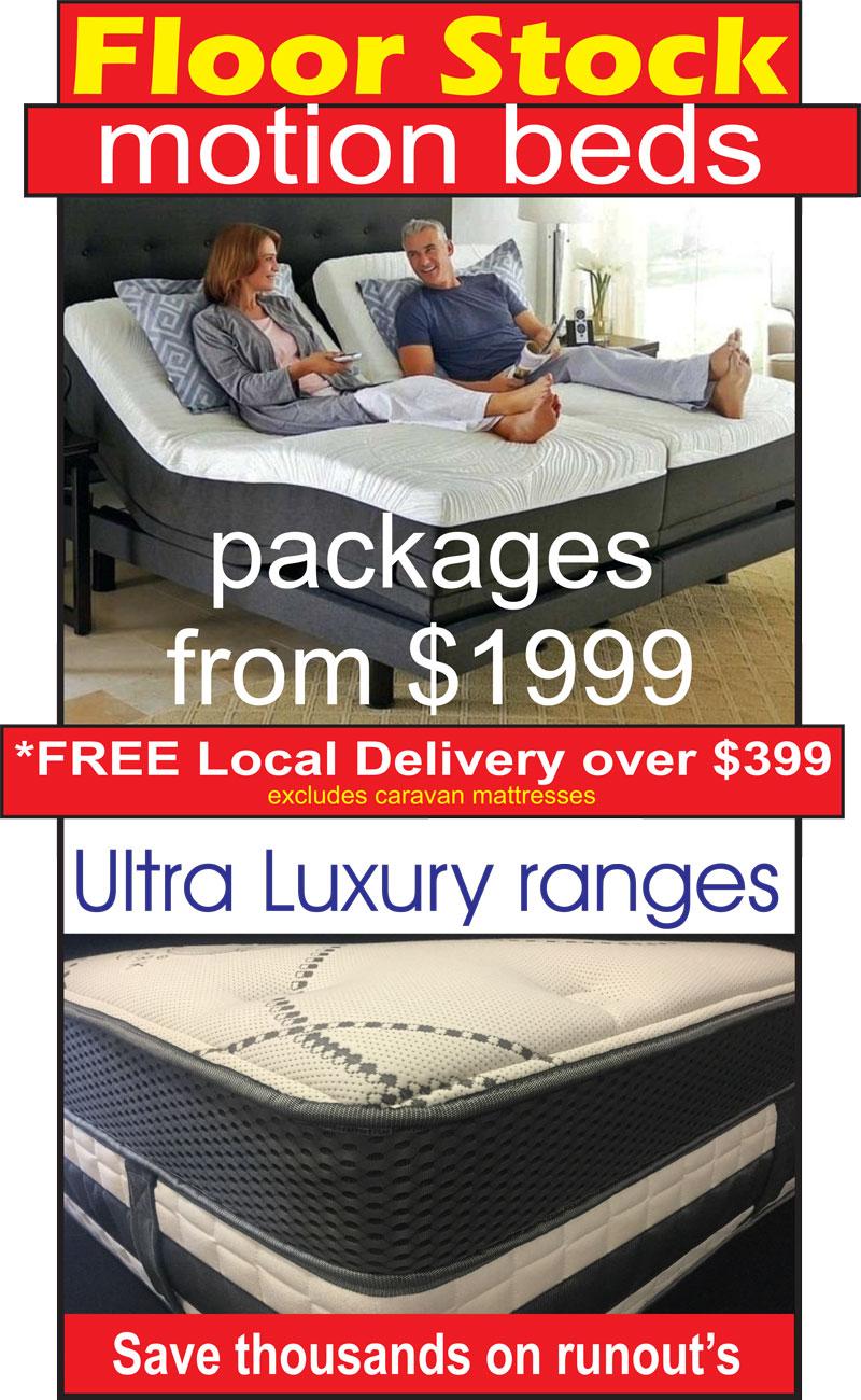Motion bed clearance sale featuring adjustable bed packages from 1999 and ultra luxury mattresses