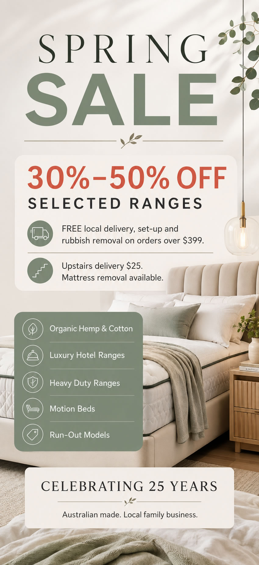 Spring Mattress Sale with 30%–50% off selected organic hemp and cotton, luxury hotel, heavy duty, motion bed and run-out ranges Spring Mattress Sale – 30%–50% Off Selected Ranges