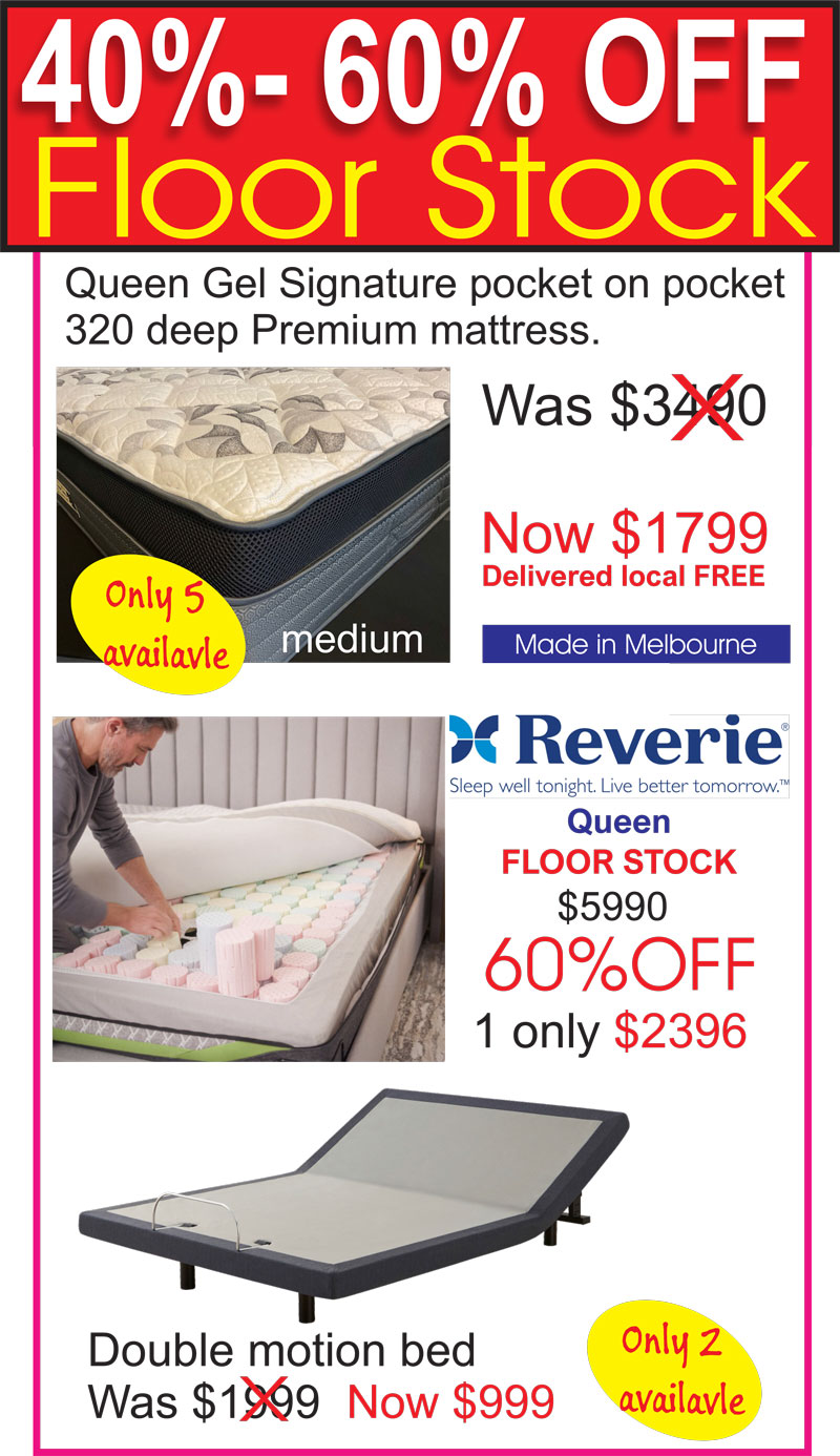 Premium Mattress & Motion Bed Clearance - Great Deals on Quality Gel Pocket in Pocket Queen Mattresses and Double Motion Beds - 40 -  50% Off Floor Stock